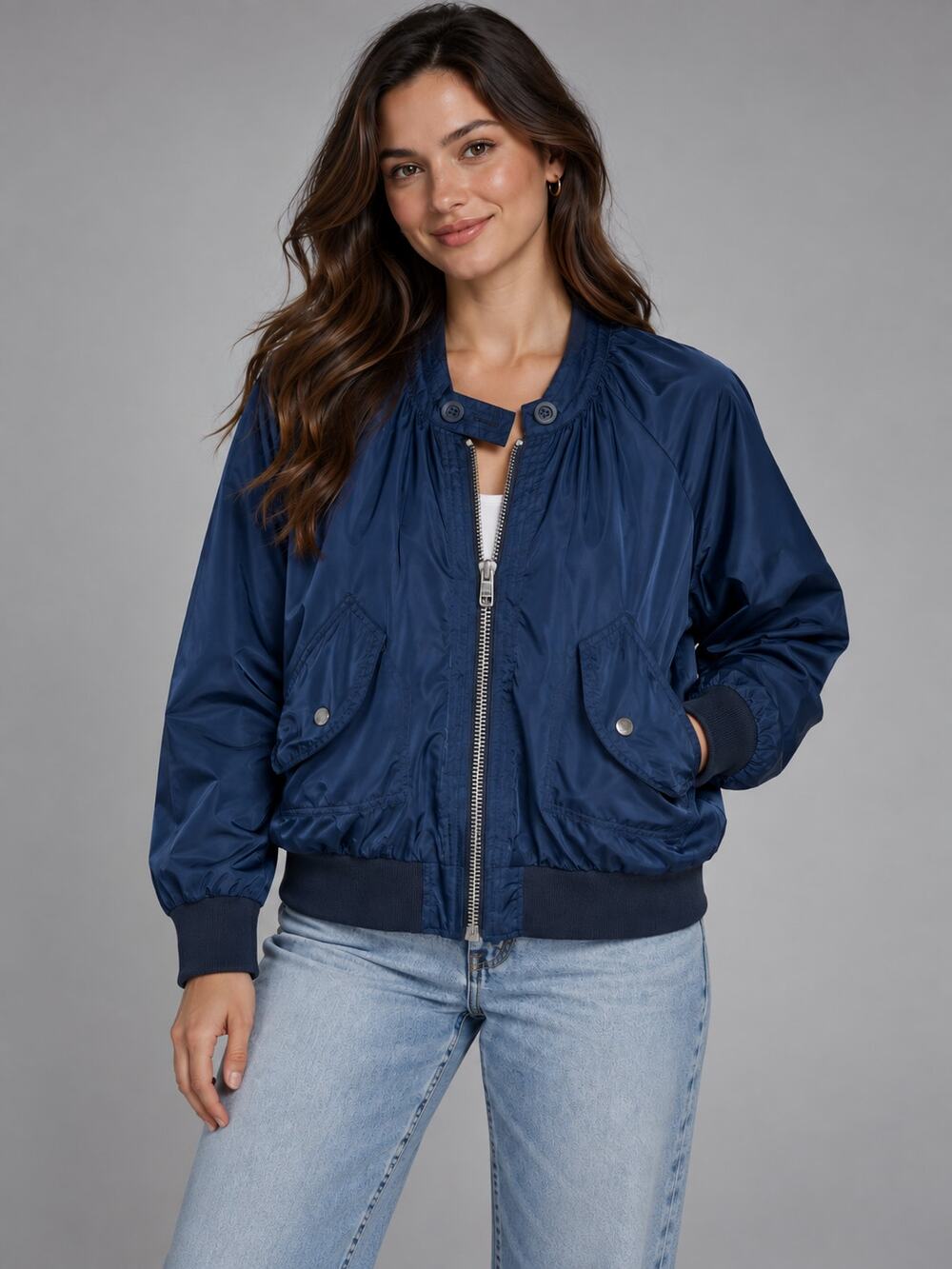 Free People Navy Satin Bomber Jacket M Lightweight